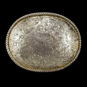Vintage W Made in USA Silver Gold Tone Floral Engraved Western Oval Belt Buckle